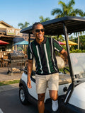 Polo homme manches courtes rayé vert, blanc et noir à col noir