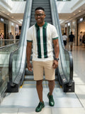 Polo homme manches courtes blanc rayé vert, noir et beige à col vert