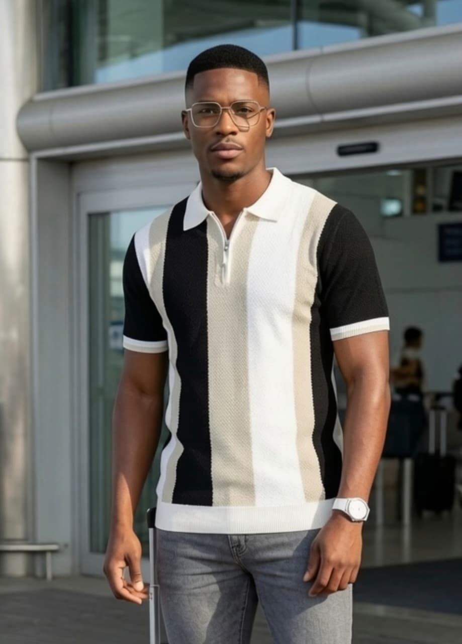 Polo homme manches courtes rayé blanc, beige et noir