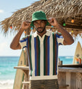 Polo homme manches courtes rayé bleu, marron et vert