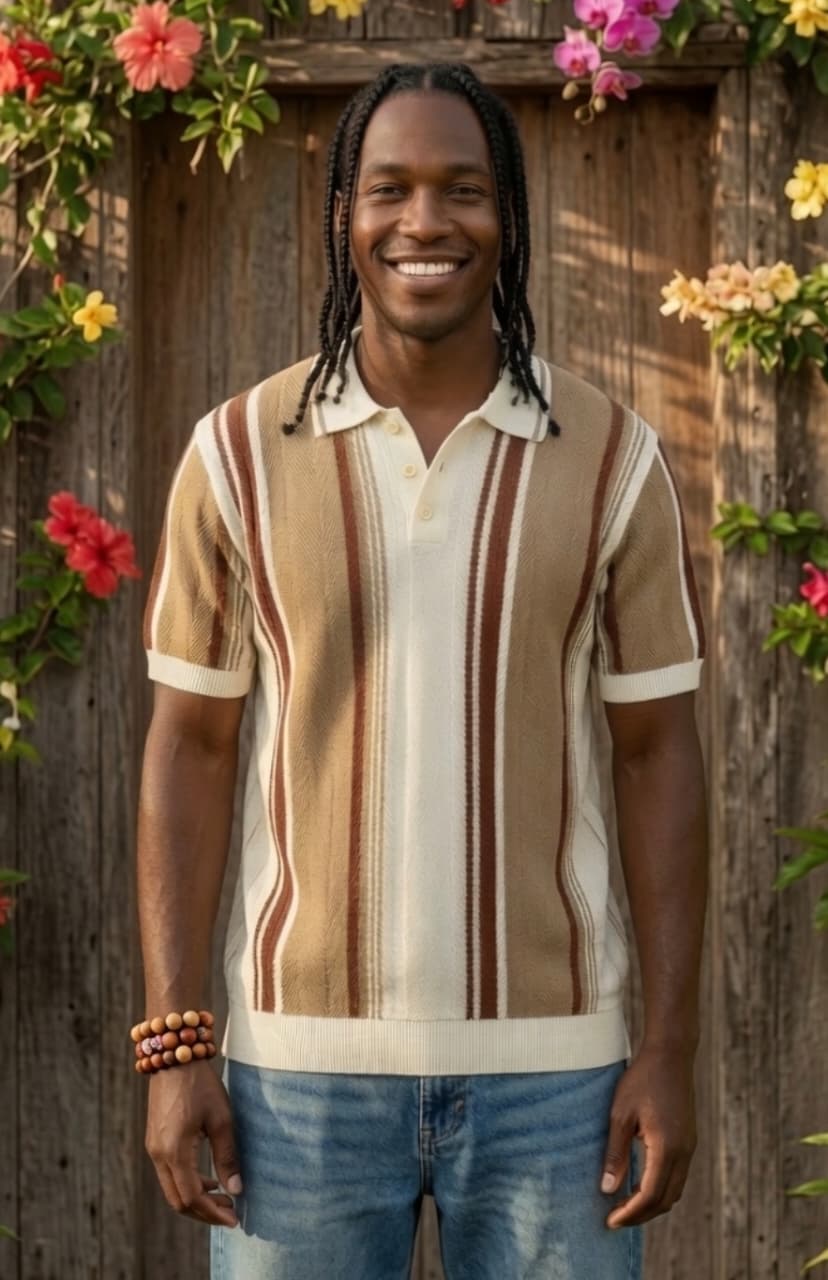 Polo homme manches courtes rayé marron et blanc