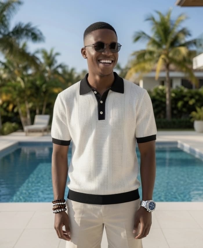 Polo homme manches courtes bicolore blanc et noir