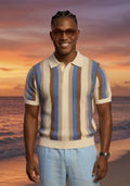 Polo homme manches courtes rayé bleu, marron et blanc