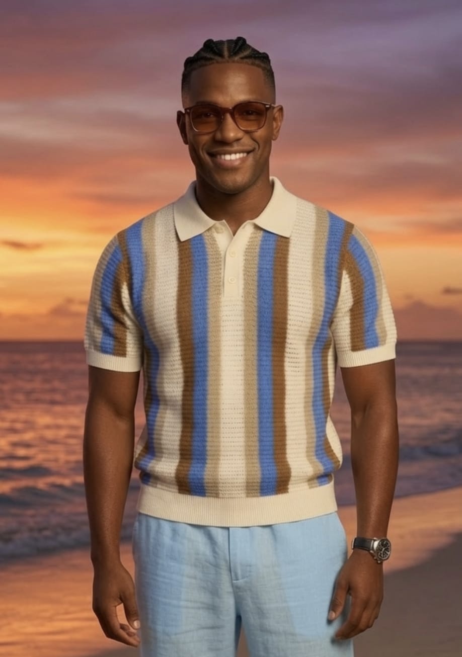 Polo homme manches courtes rayé bleu, marron et blanc