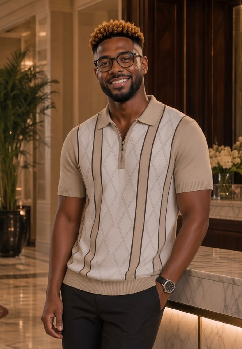 Polo homme manches courtes beige, blanc et noir