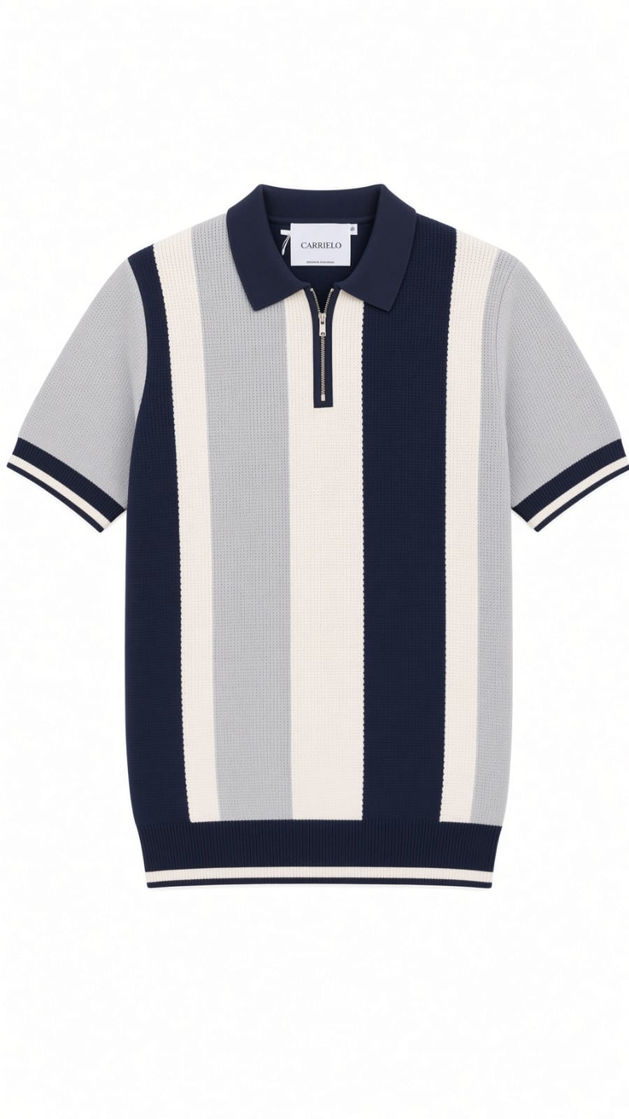Polo homme manches courtes rayé bleu, blanc et gris