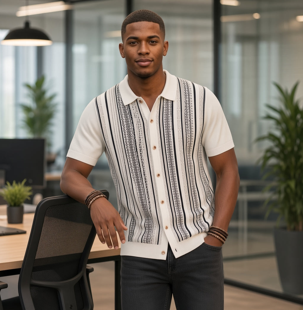 Polo homme manches courtes rayé blanc et gris