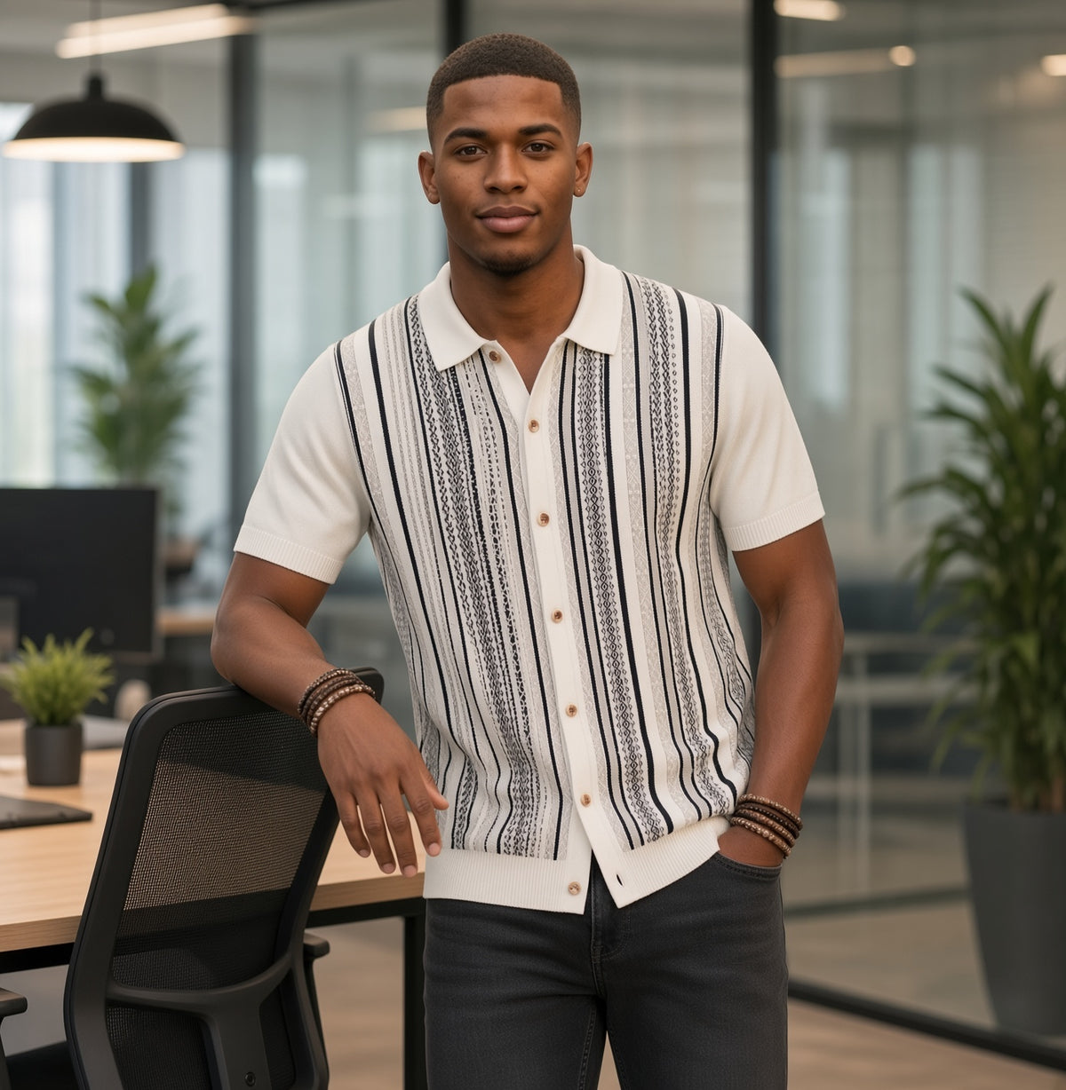 Polo homme manches courtes rayé blanc et gris