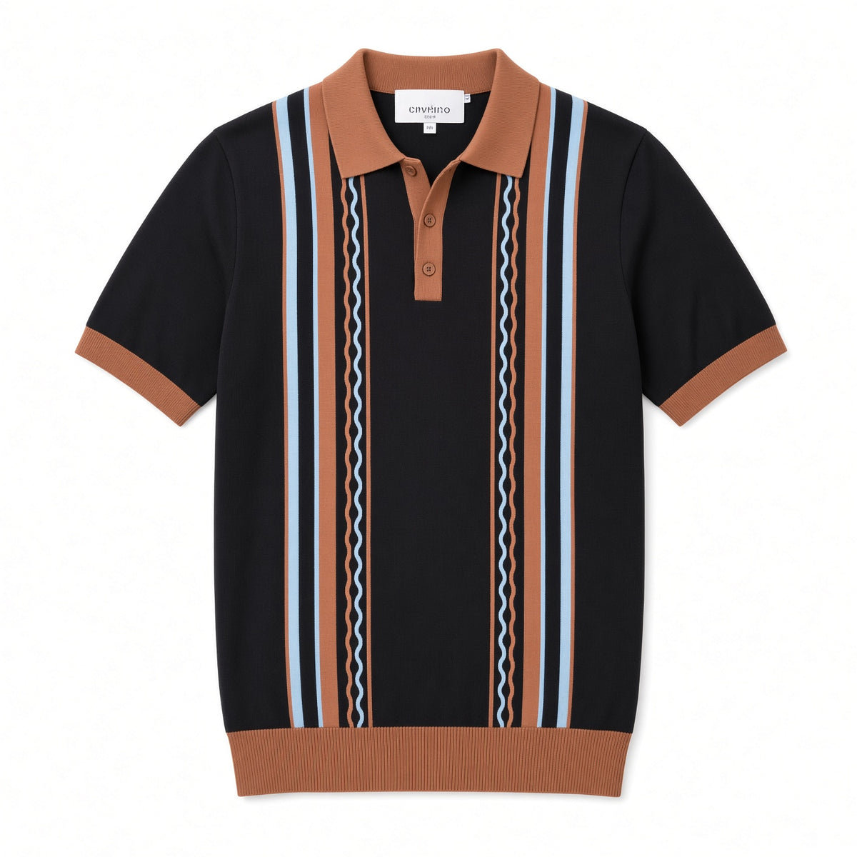 Polo homme manches courtes rayé noir, marron et bleu