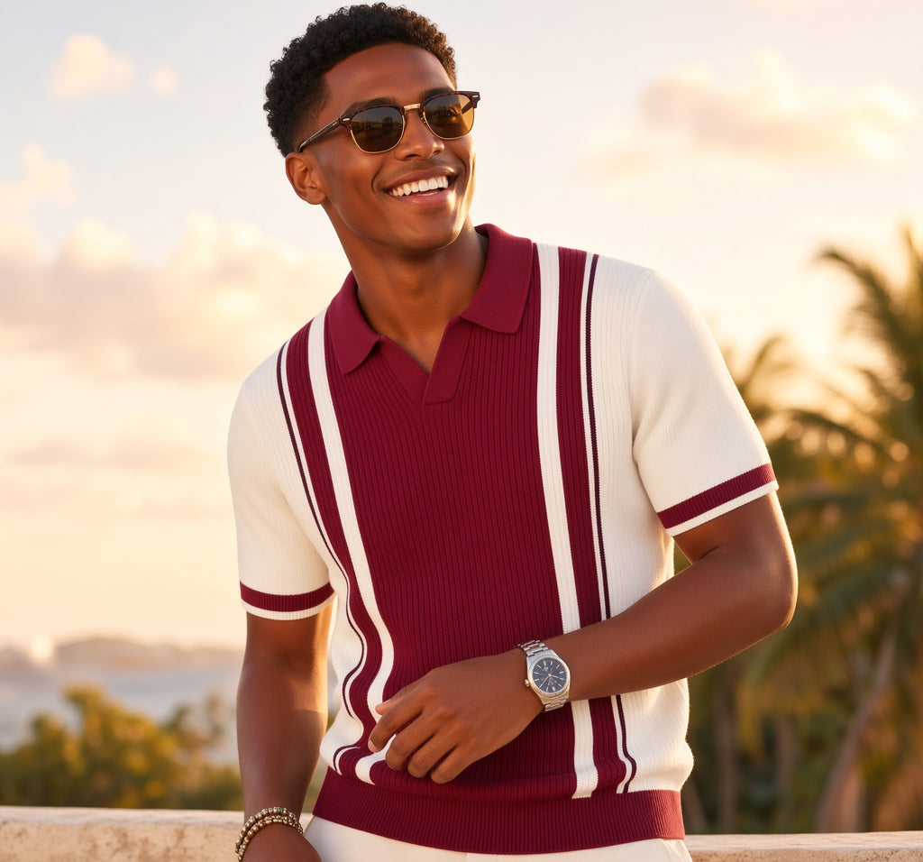Polo homme manches courtes bicolore blanc bandes bordeaux
