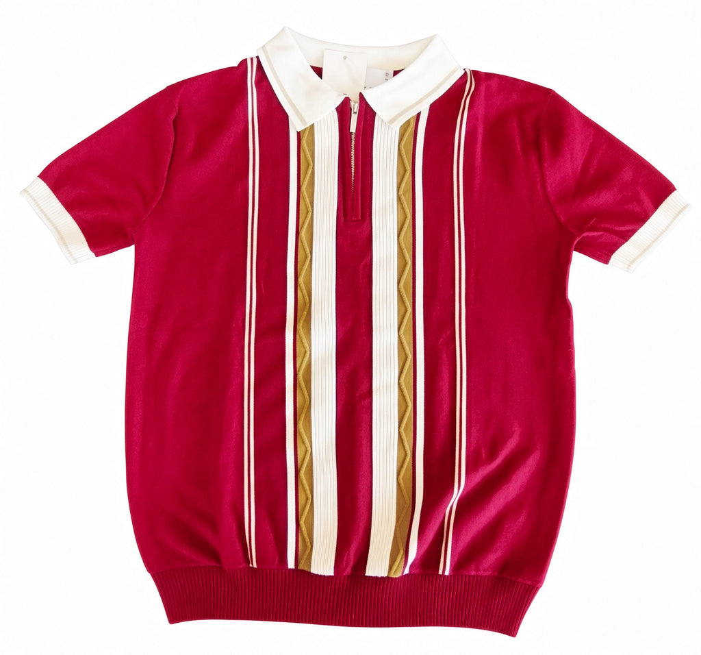 Polo homme manches courtes rayé bordeaux, blanc et marron