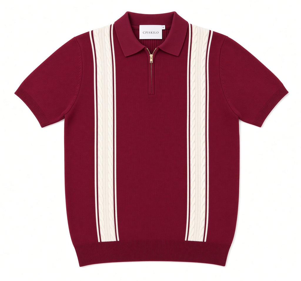Polo homme manches courtes bicolore bordeaux bandes blanches