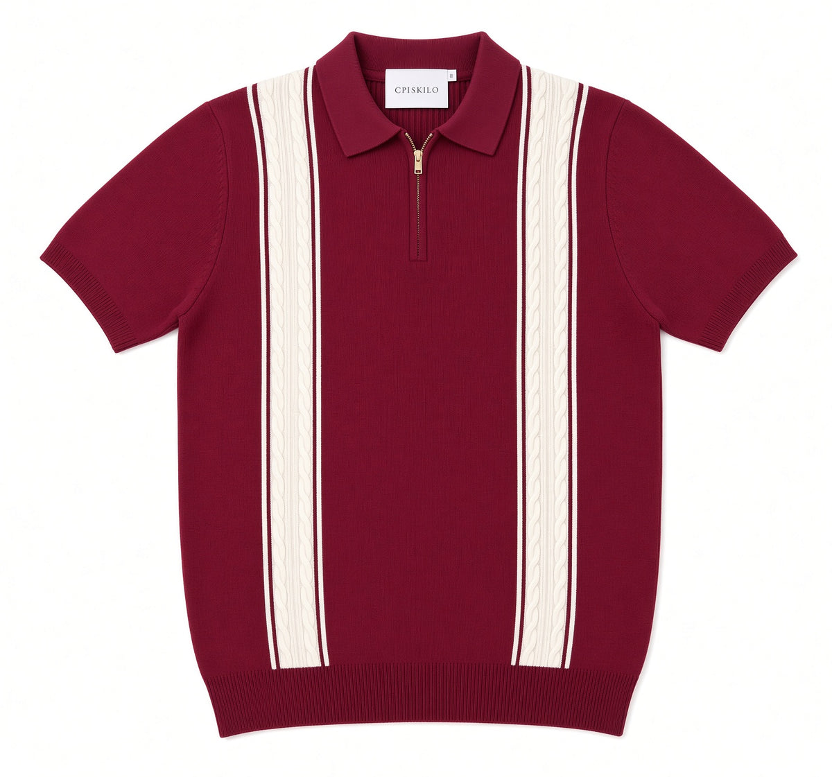 Polo homme manches courtes bicolore bordeaux bandes blanches