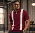 Polo homme manches courtes bicolore bordeaux bandes blanches