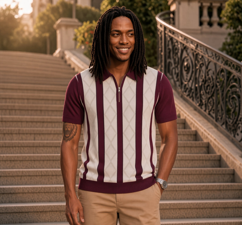 Polo homme manches courtes bicolore à bandes bordeaux et blanches