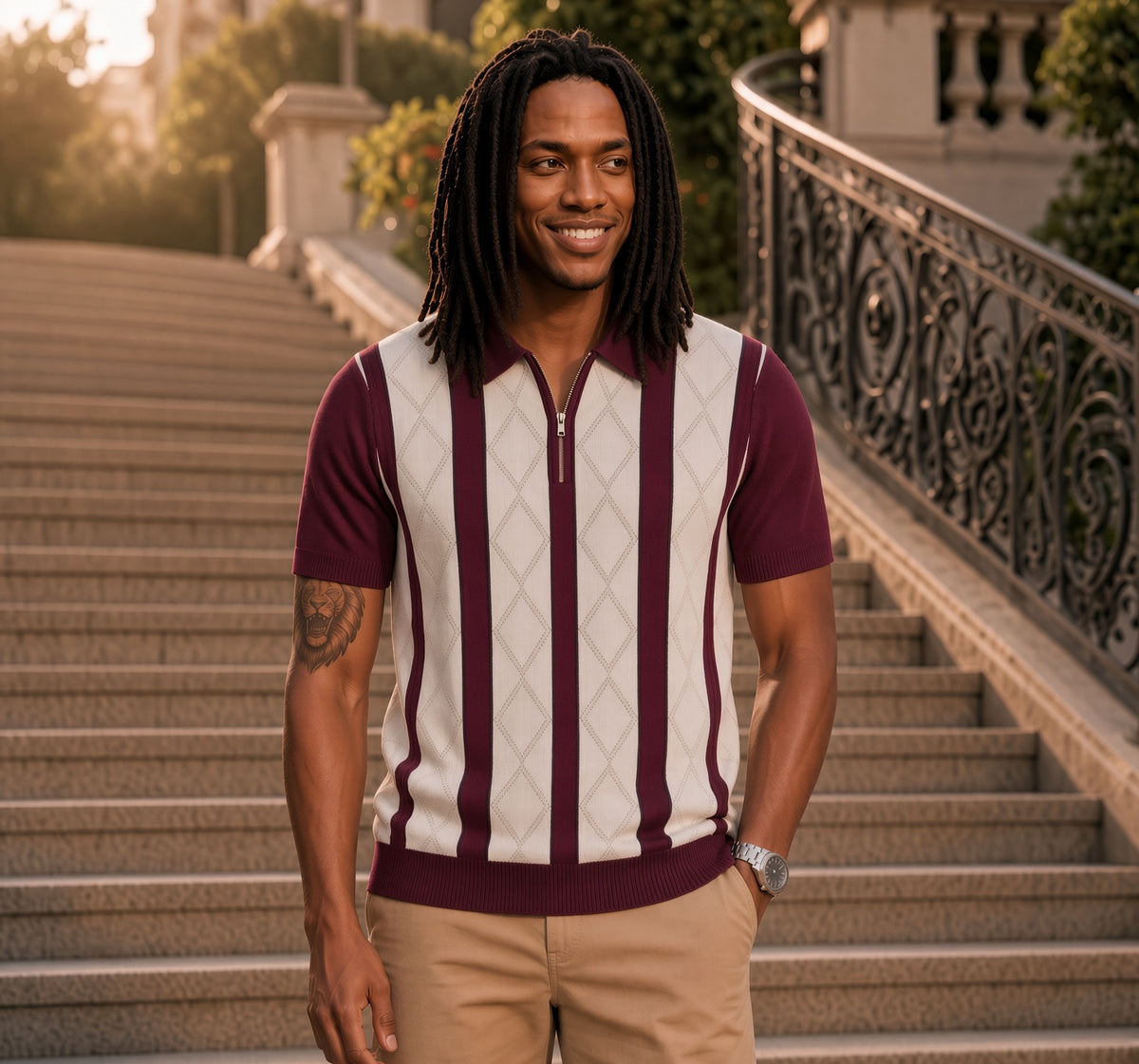 Polo homme manches courtes bicolore à bandes bordeaux et blanches