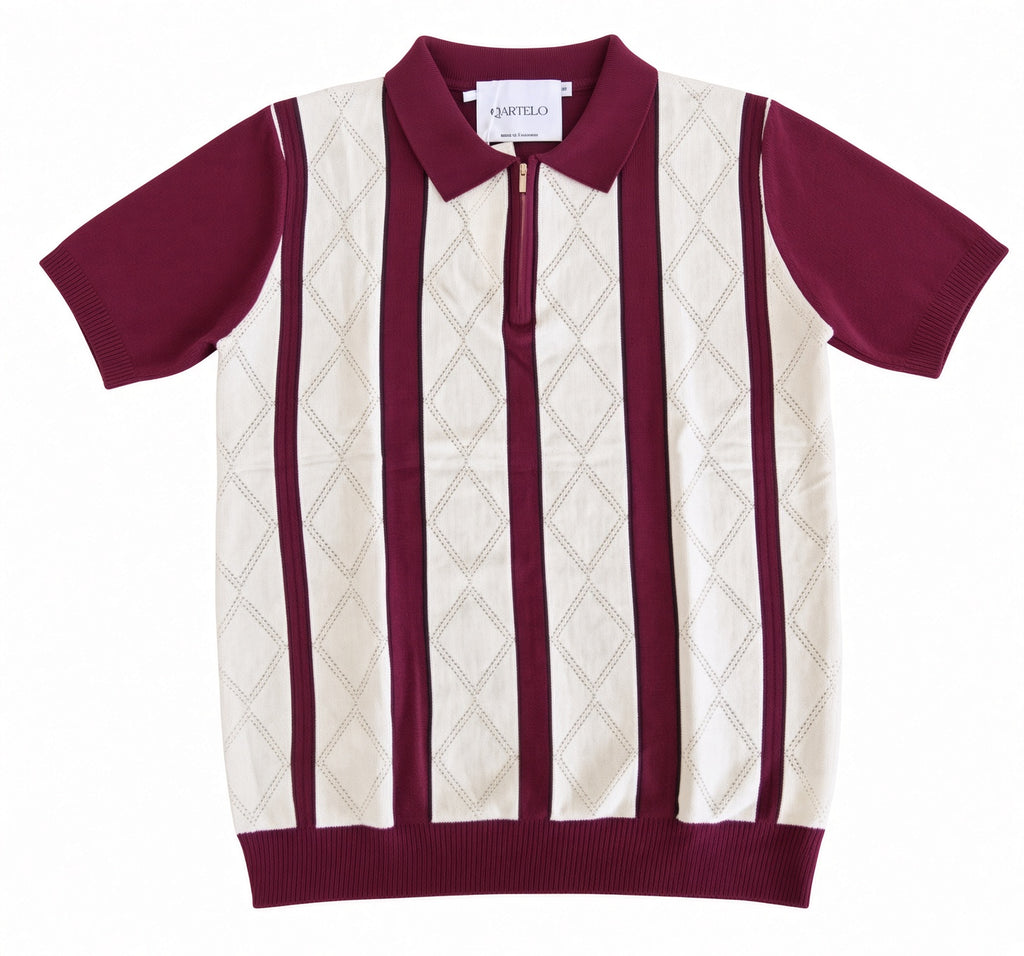 Polo homme manches courtes bicolore à bandes bordeaux et blanches