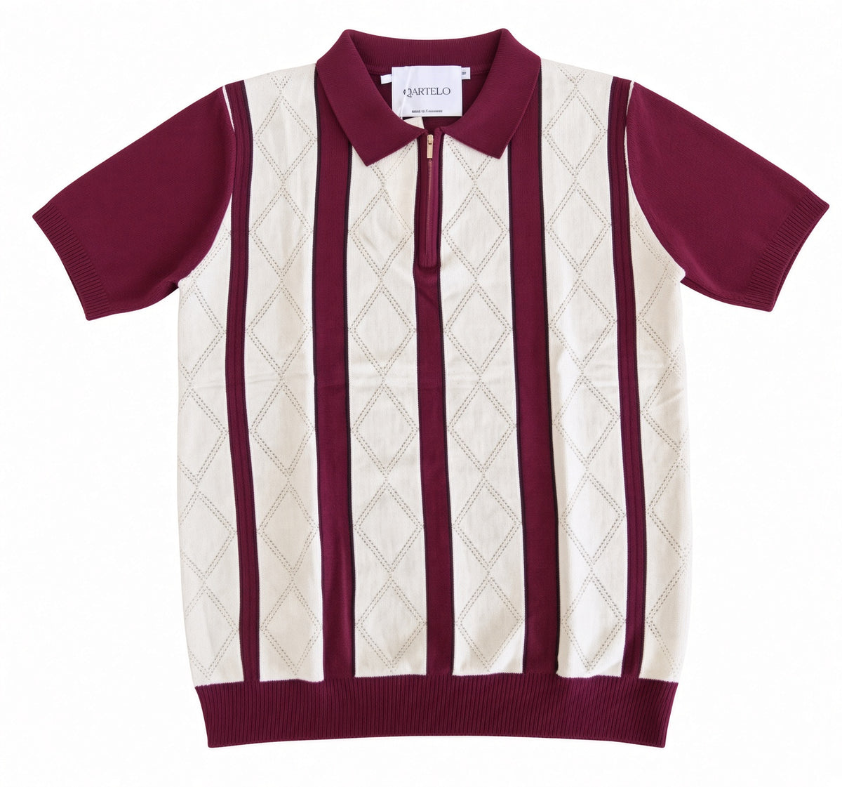 Polo homme manches courtes bicolore à bandes bordeaux et blanches