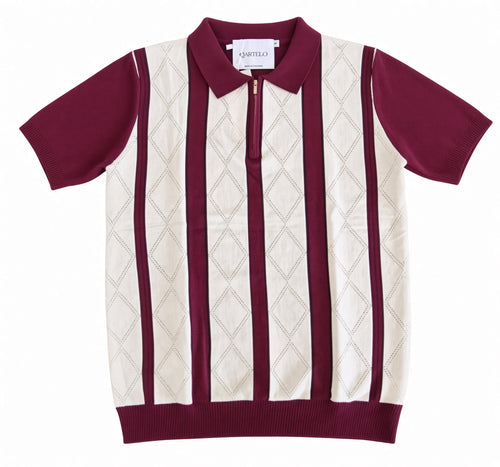 Polo homme manches courtes bicolore à bandes bordeaux et blanches