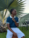 Polo homme manches courtes bleu azur, avec col blanc