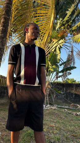 Polo homme manches courtes noir 2 bandes blanches centre bordeaux