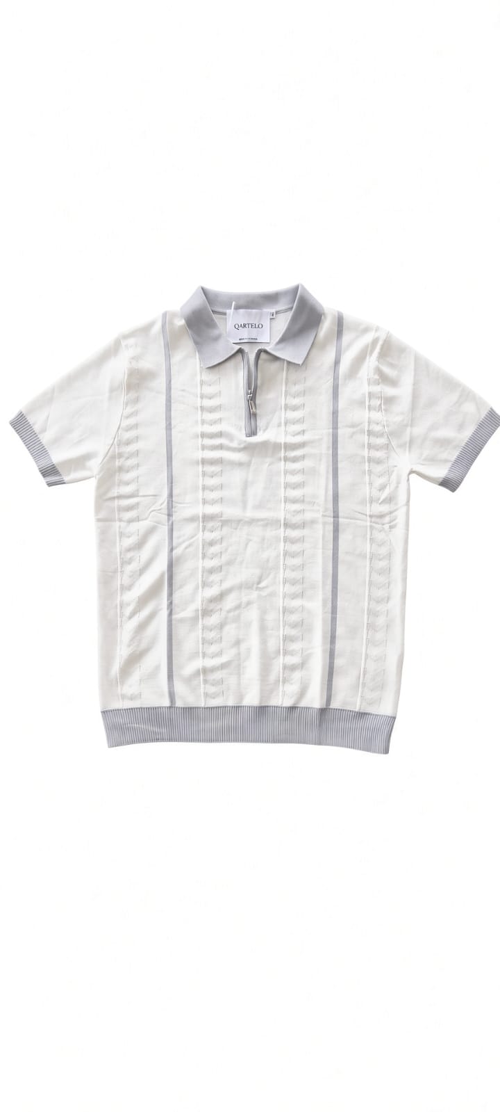 Polo homme manches courtes blanc à bandes grises et mailles