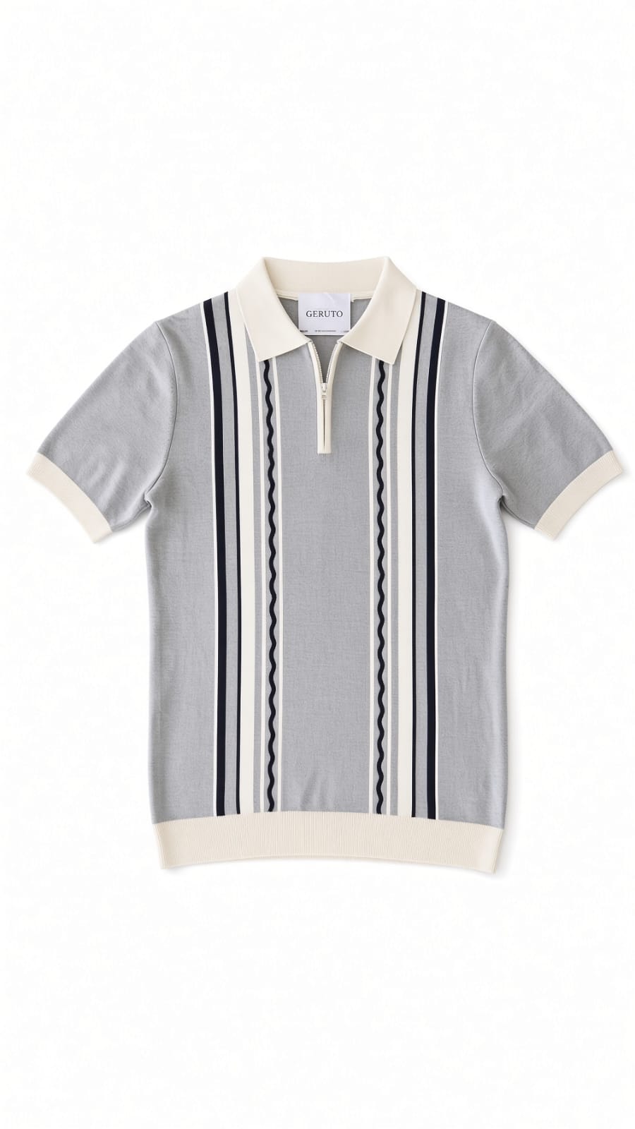 Polo homme manches courtes gris à bandes bleues et blanches
