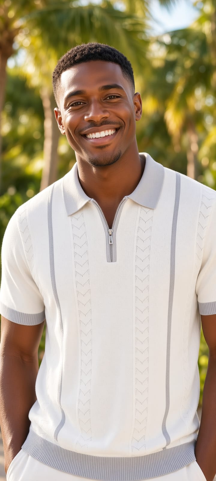 Polo homme manches courtes blanc à bandes grises et mailles