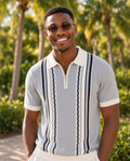Polo homme manches courtes gris à bandes bleues et blanches