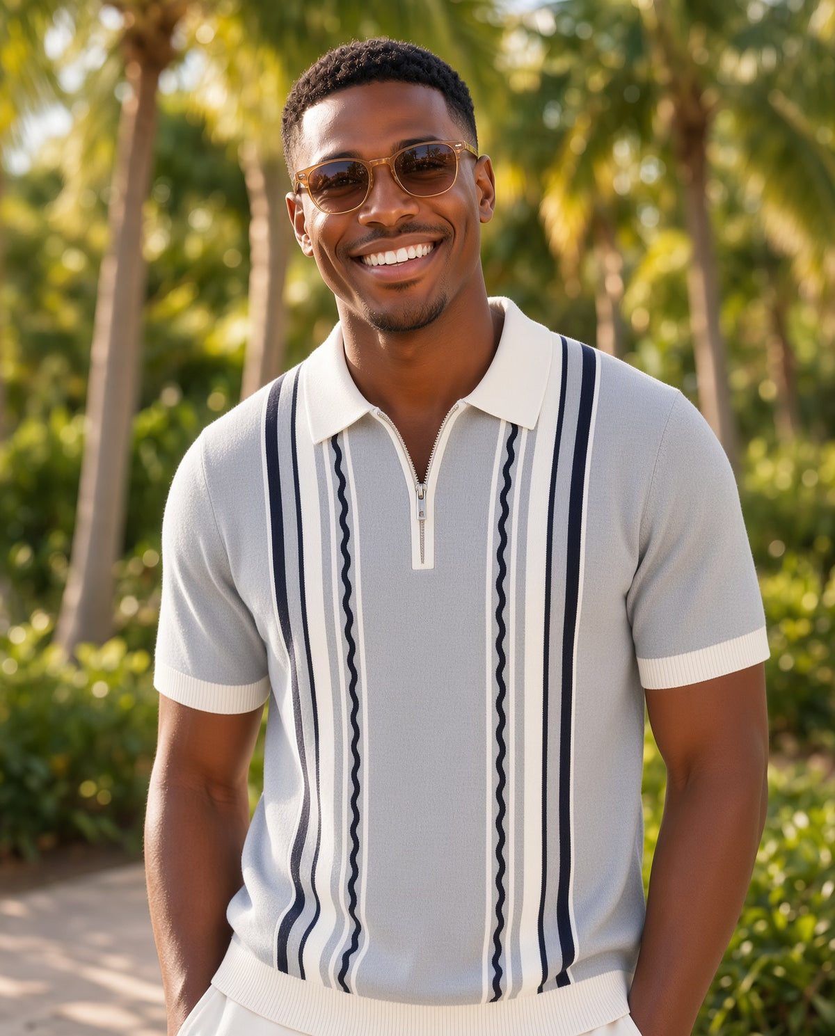 Polo homme manches courtes gris à bandes bleues et blanches