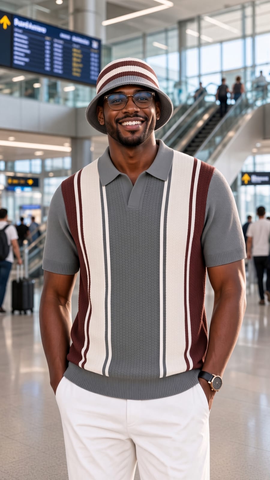 Polo homme manches courtes gris à bandes blanches et marron