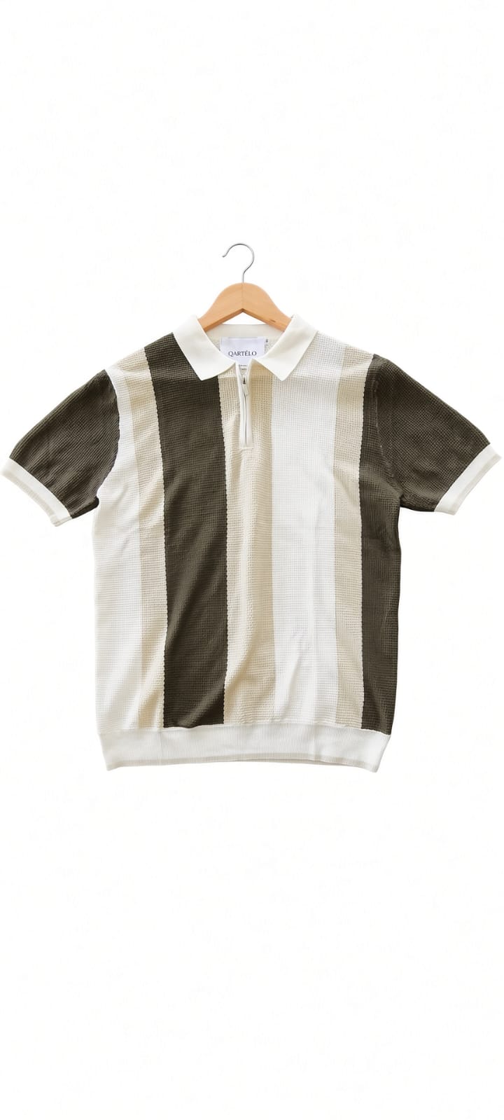 Polo homme manches courtes rayé blanc, beige et vert