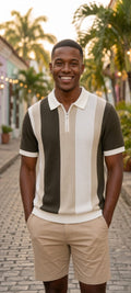 Polo homme manches courtes rayé blanc, beige et vert