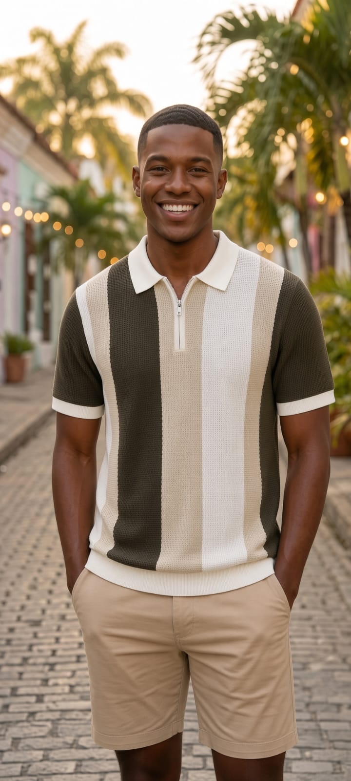 Polo homme manches courtes rayé blanc, beige et vert