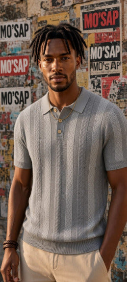 Polo homme manches courtes avec bandes maillées grises et blanches