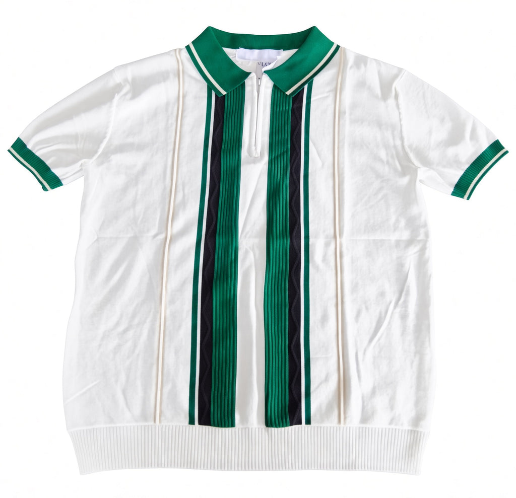Polo homme manches courtes blanc rayé vert, noir et beige à col vert
