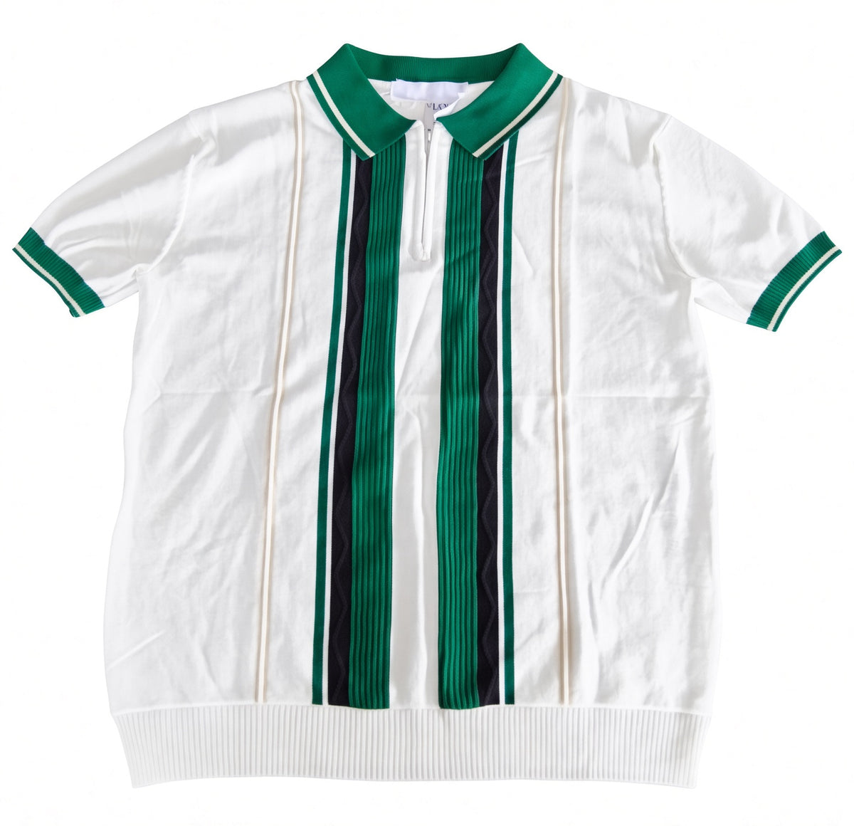 Polo homme manches courtes blanc rayé vert, noir et beige à col vert