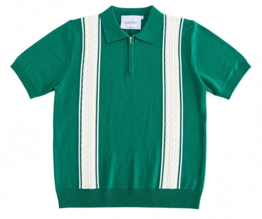 Polo homme manches courtes vert à bandes structurées blanches et col vert