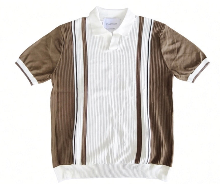 Polo homme manches courtes marron à bandes blanches et noires
