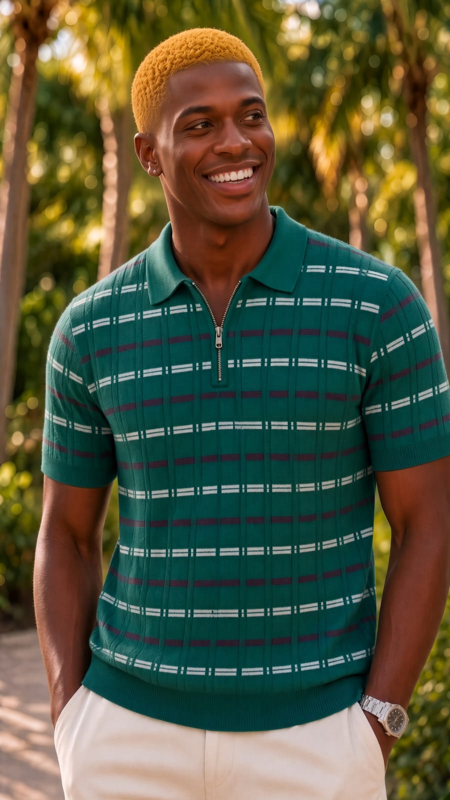 Polo homme tricolore rayé zippé