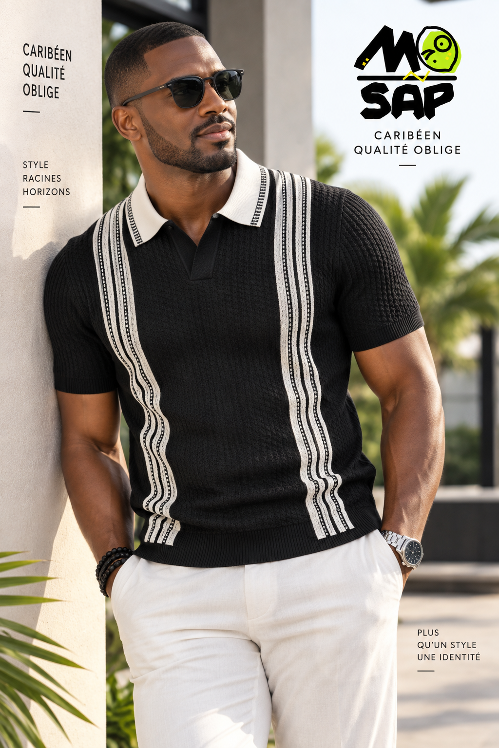 Polo maillé bicolore noir et blanc - col bicolore